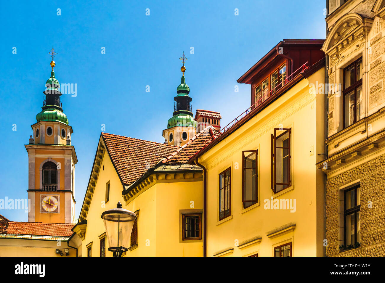 Colorful historic buildings in the old town of Ljubljana - Slovenia Stock Photo