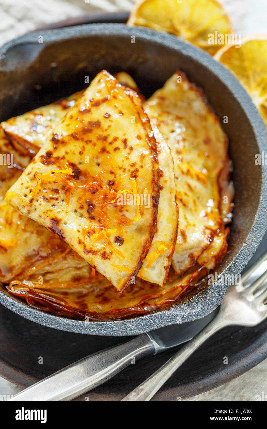 Traditional French crepes with orange sauce closeup Stock Photo Alamy
