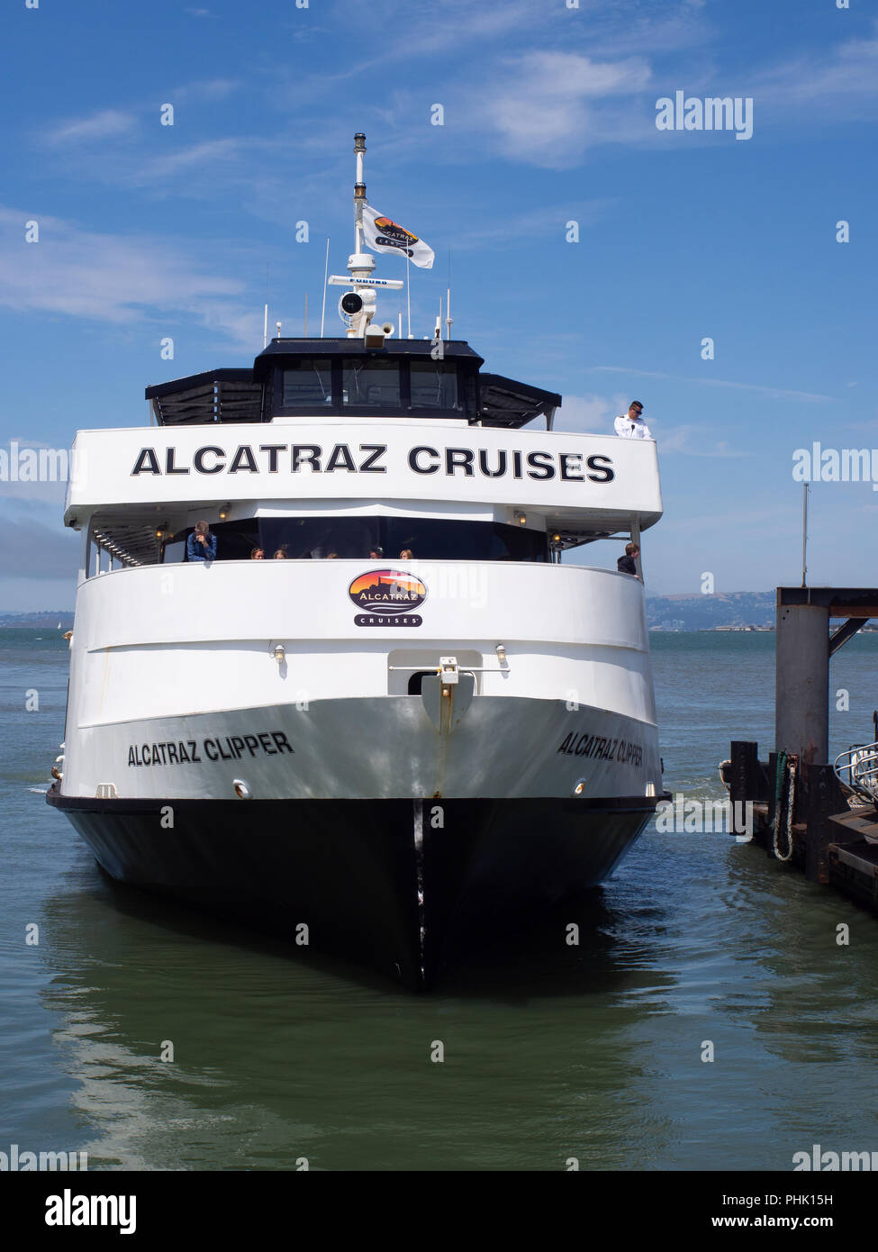 alcatraz cruises boat at the wharf in san francisco stock photo