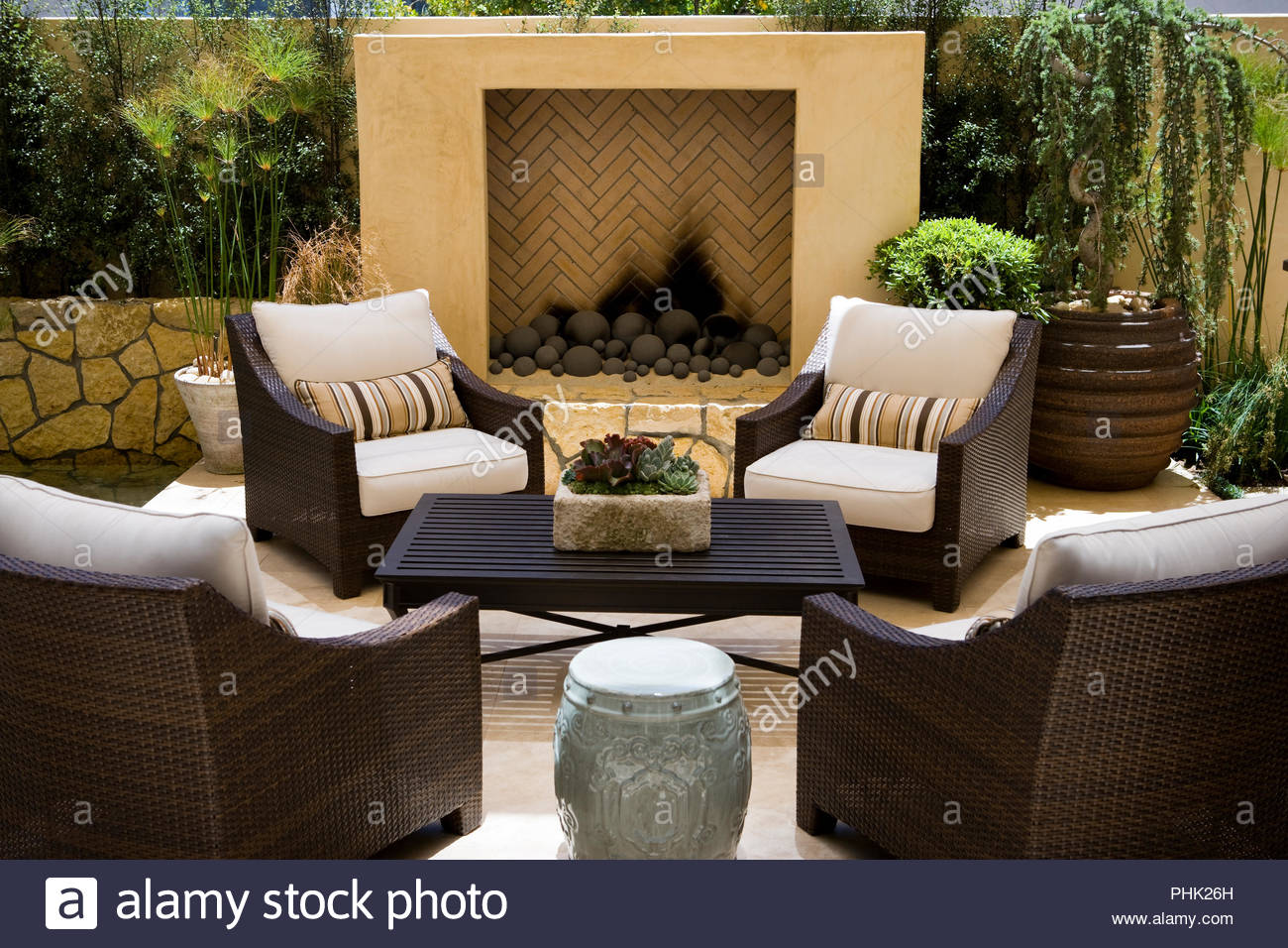 Outdoor Chairs By Fireplace On Patio Stock Photo 217392409 Alamy