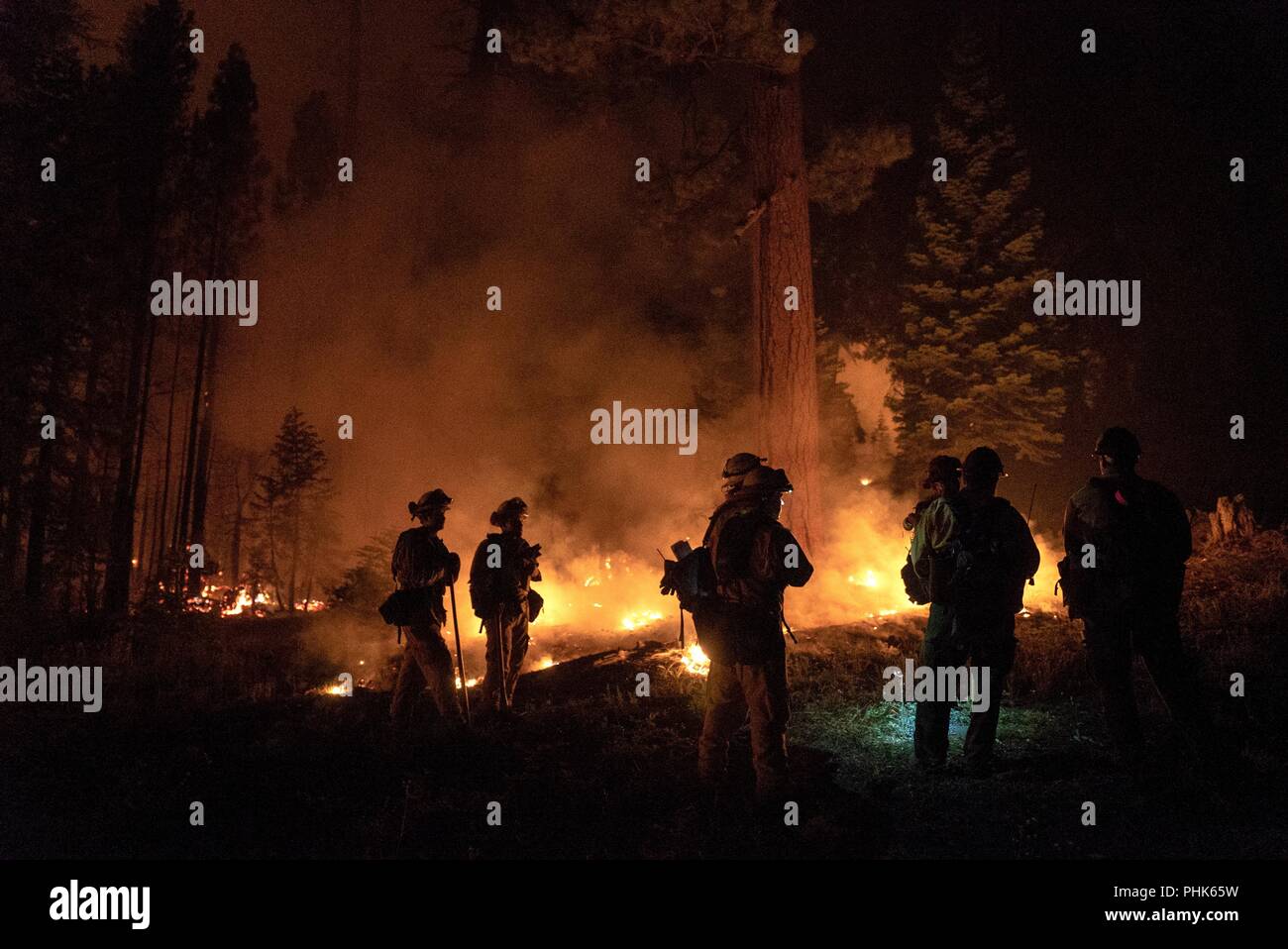 Cal State firefighters, work during a night operation to push back a fireline at the Donnell Fire in Stanislaus National Forest August 13, 2018 near Sonora, California. The wildfire burned 36,335 acres and destroyed 54 major structures across Northern California. Stock Photo