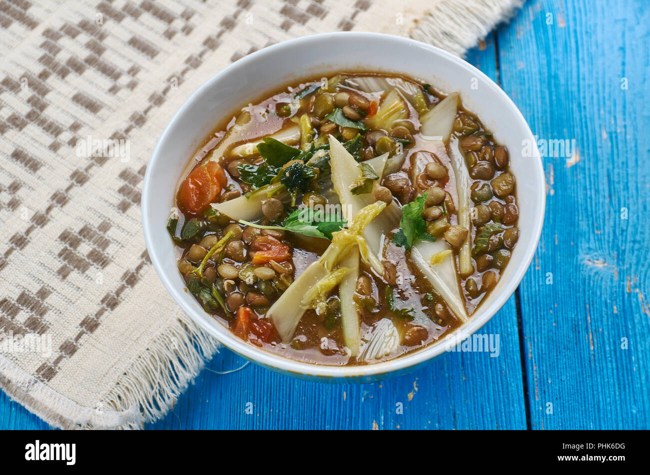Mediterranean spicy spinach lentil soup Stock Photo