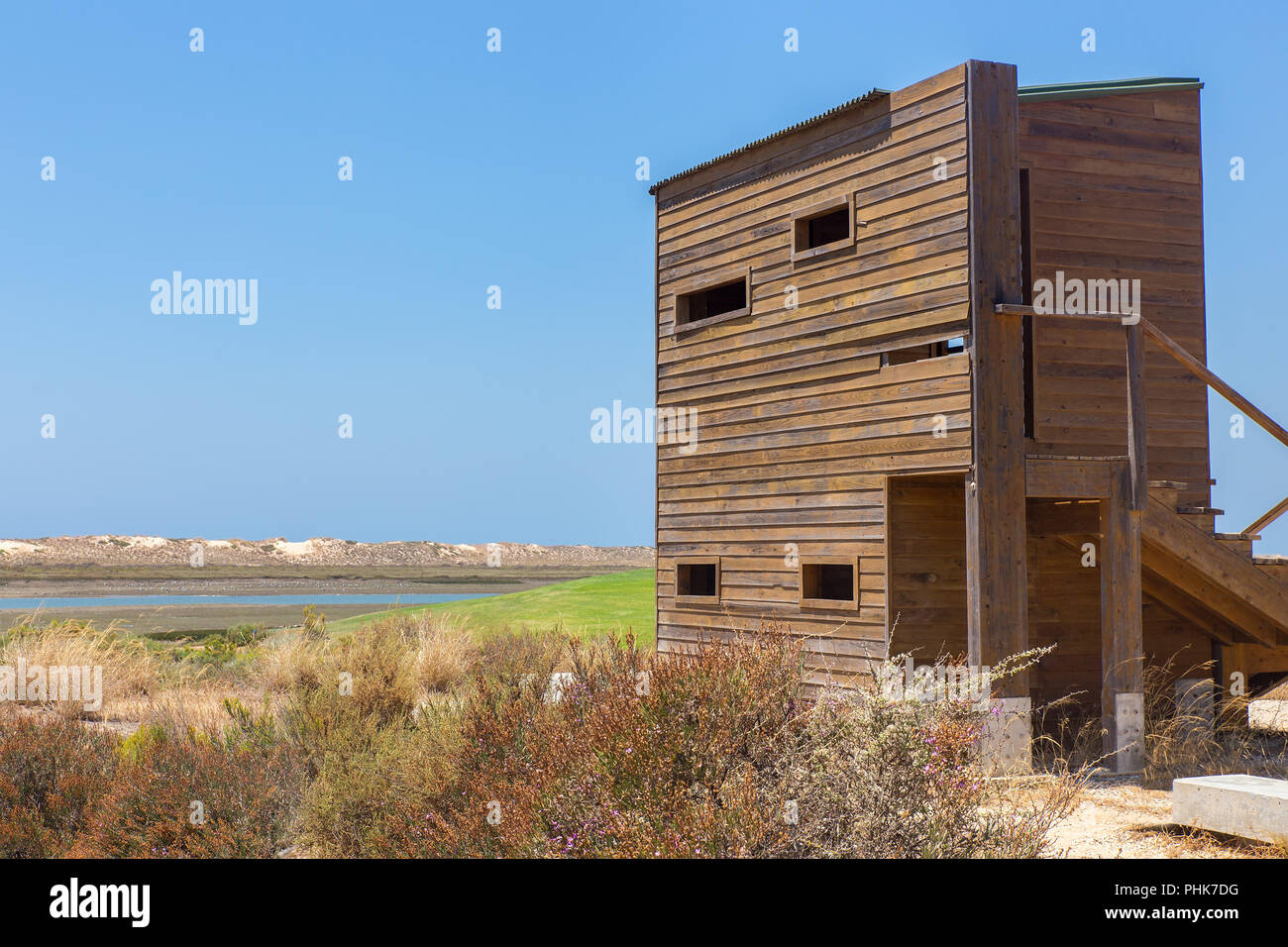 Wooden bird watching hut at portuguese coast Stock Photo Alamy