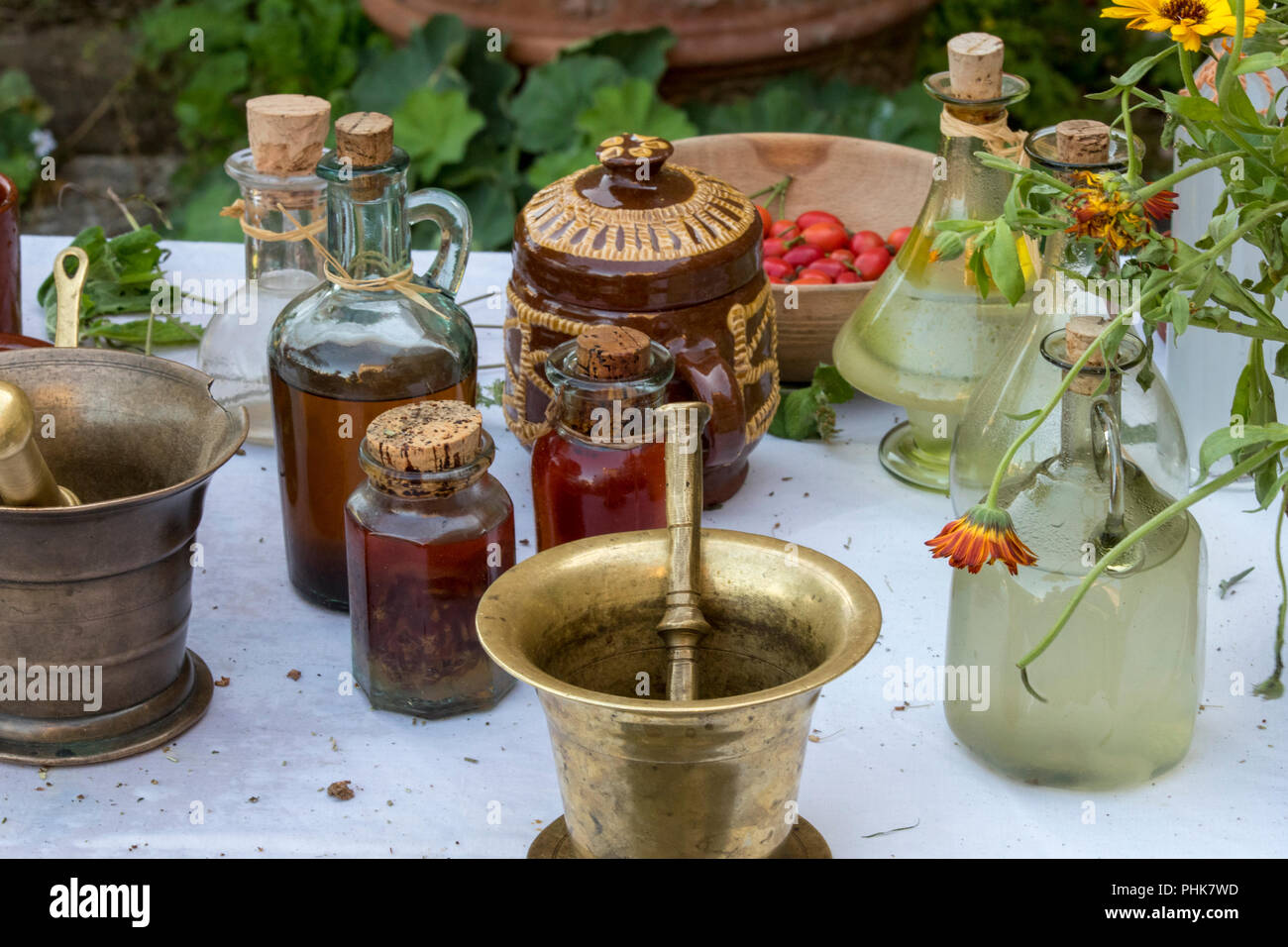 traditional herbs and spices with a mortar and pestle at an apothecary