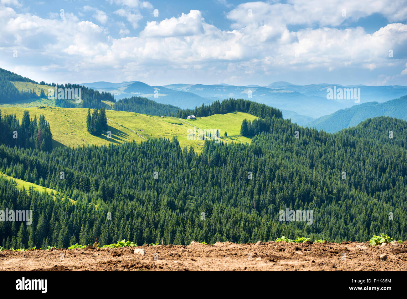 Green sunny valley in mountains Stock Photo