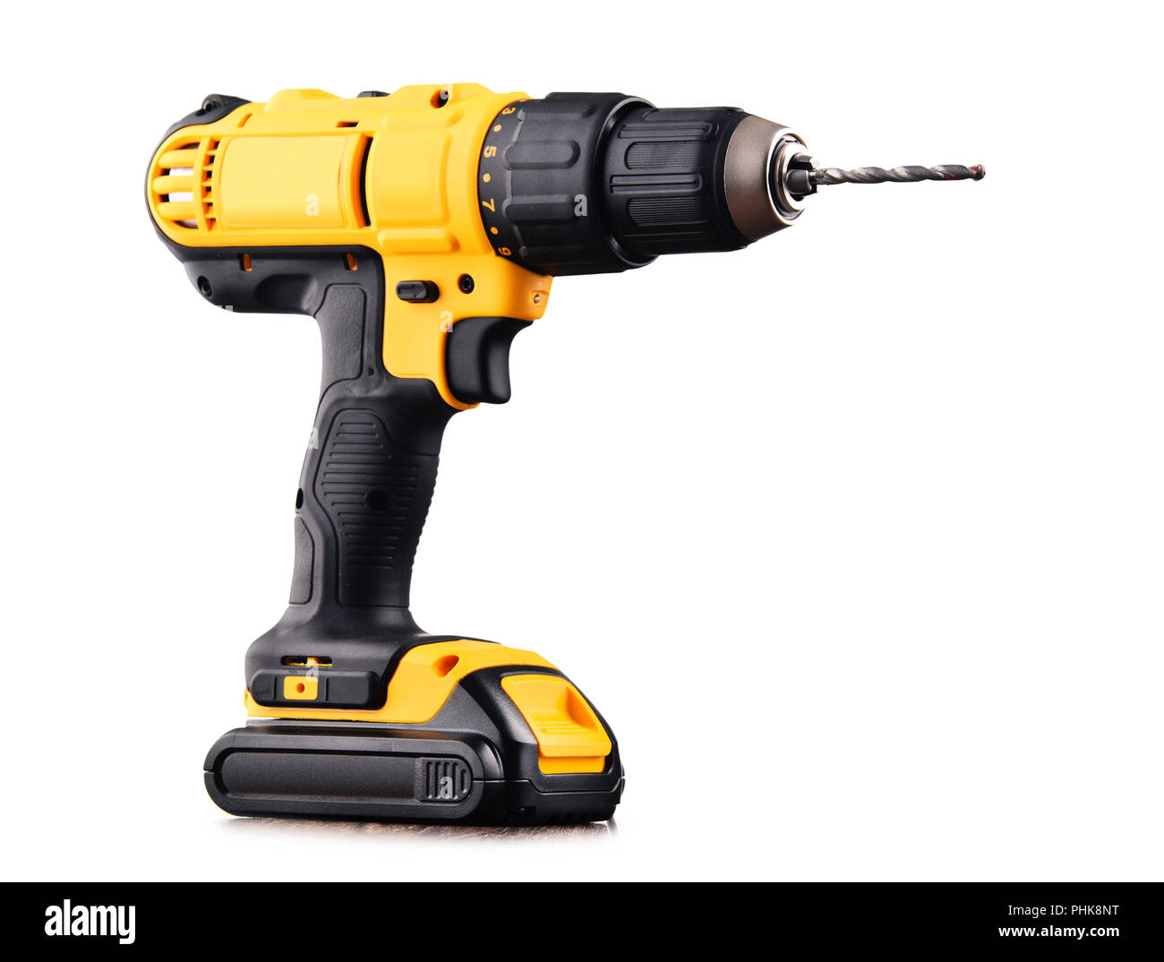 Cordless drill with drill bit working also as screw gun. Stock Photo