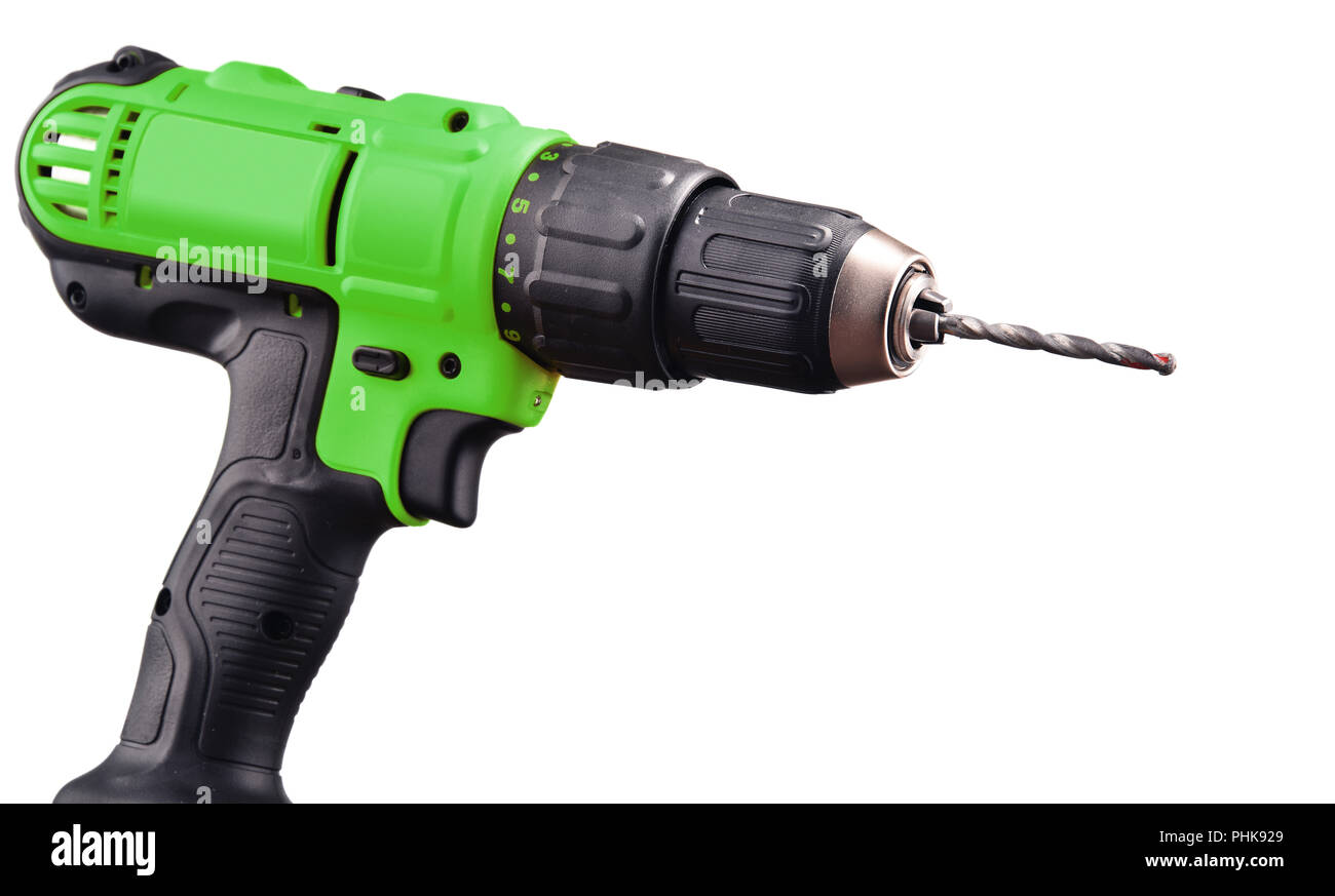 Cordless drill with drill bit working also as screw gun. Stock Photo