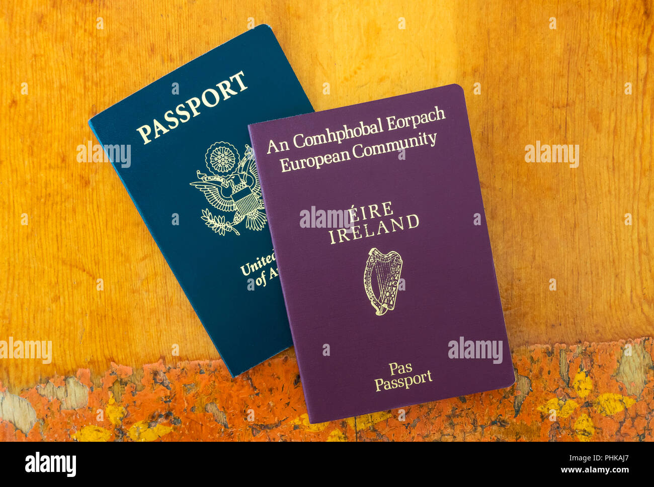 Both an Irish and a USA passports showing  duel citizenship Stock Photo