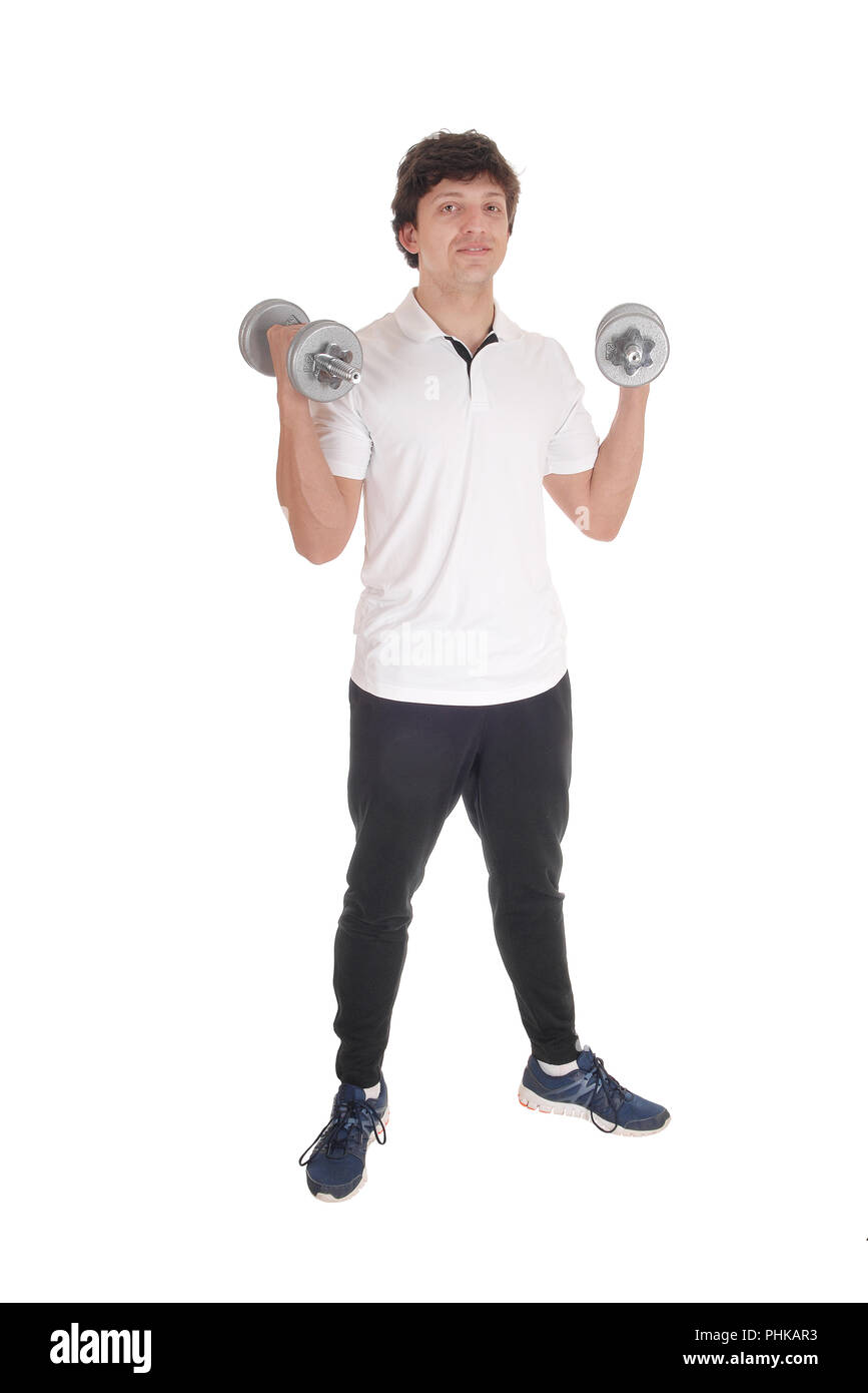 Young man exercise wit two dumbbell Stock Photo