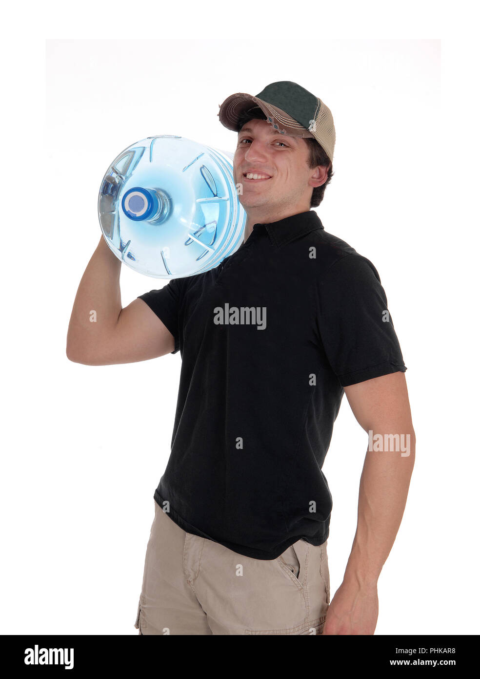 Close up of a deliveries man with water bottle Stock Photo
