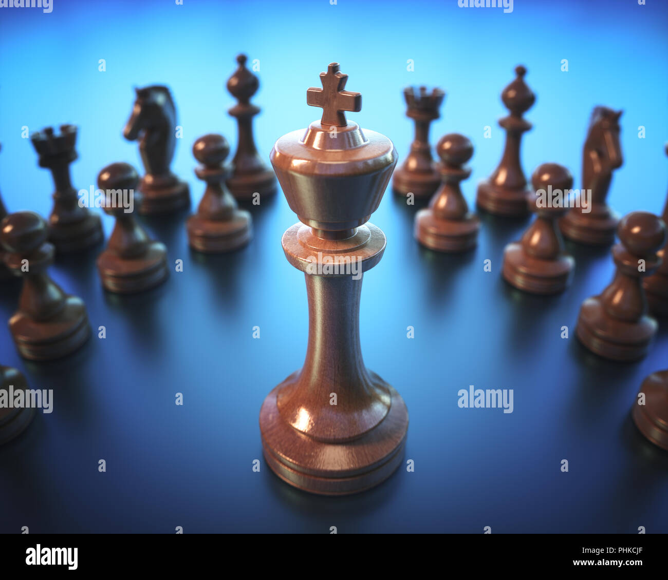 The King in highlight. Pieces of chess game, image with shallow depth of field. Stock Photo