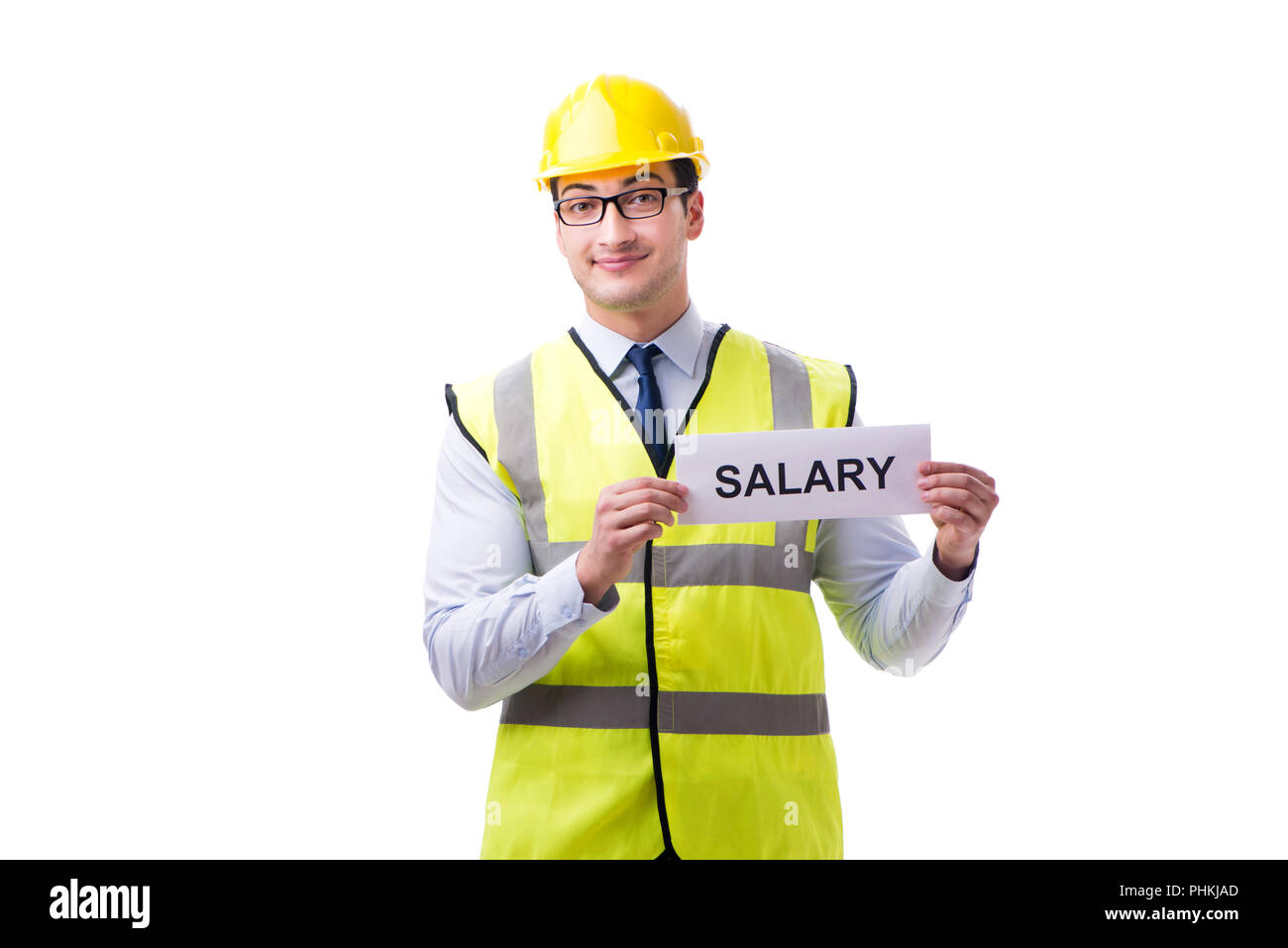 construction-supervisor-asking-for-higher-salary-isolated-on-whi-stock