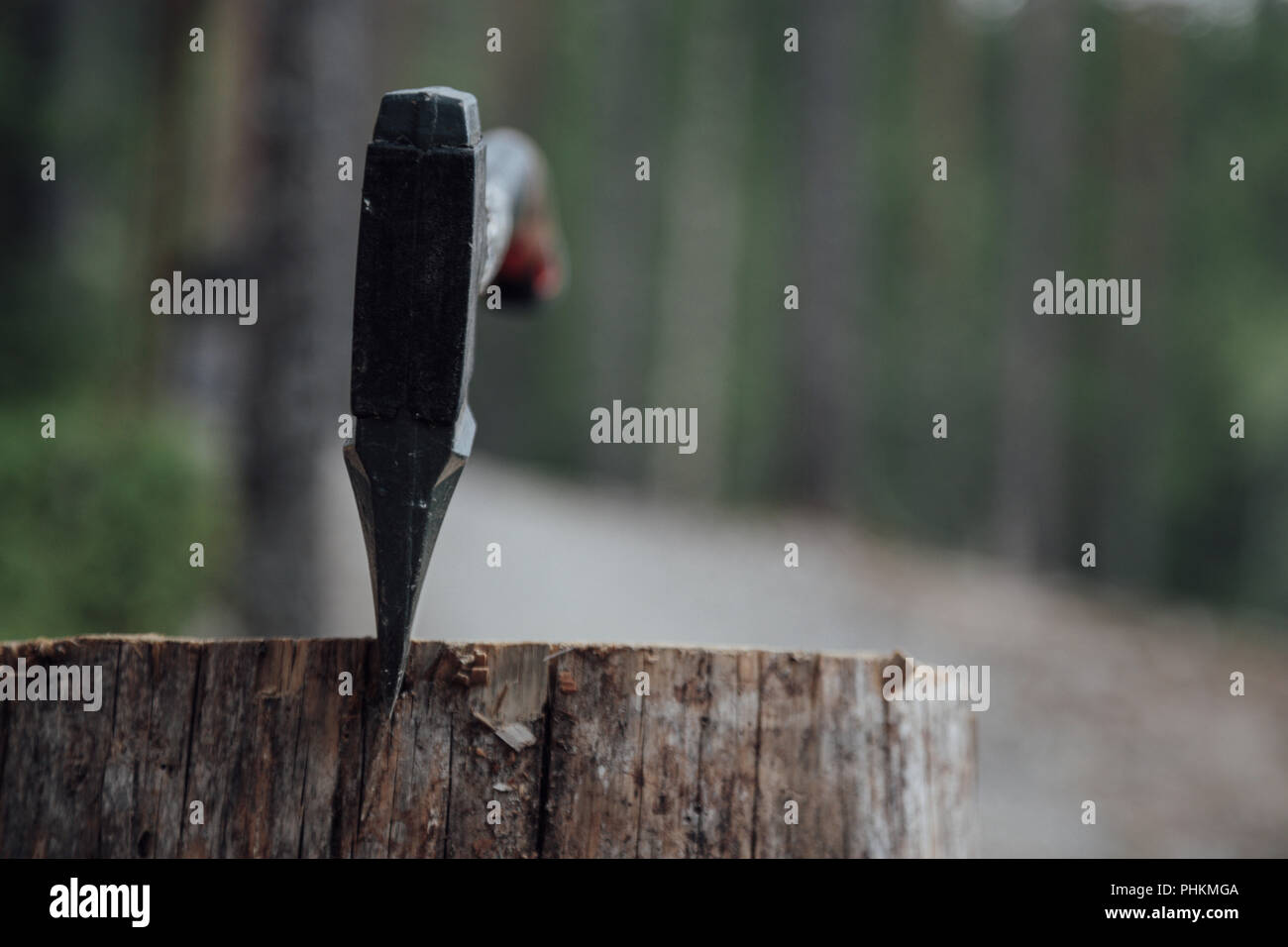 An ax on a wooden block, Camping, Hossa Nationalpark, Finland Stock Photo