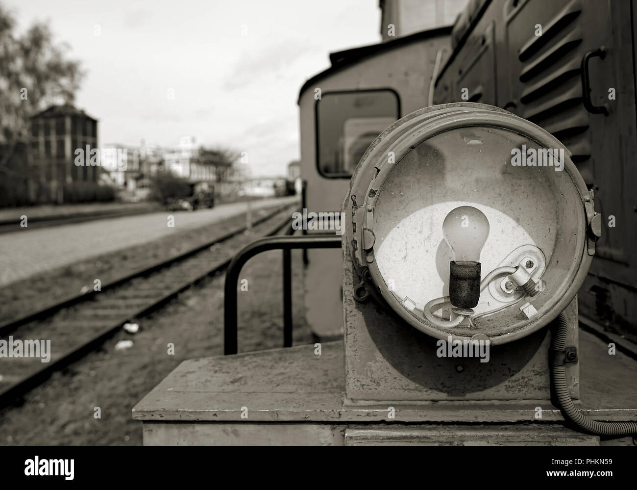 Headlight of an old locomotive in the harbor of Magdeburg Stock Photo