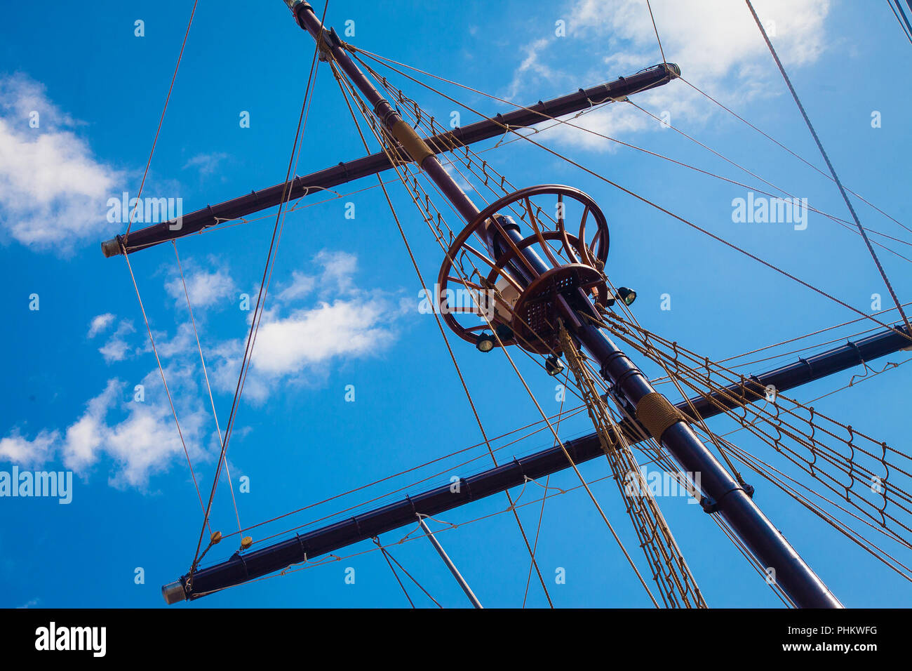 Tall mast and rigging of old sailing ship against blue sky - adventure ...
