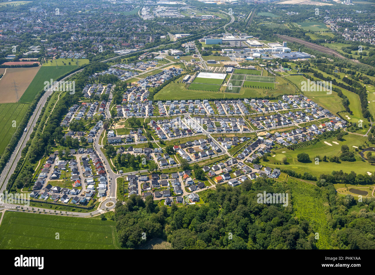 Aerial view, residential area Hohenbuschey of DSW21 Dortmund, Hohenbuschey GMBH, single family houses, living at the golf course, former barracks, Dor Stock Photo