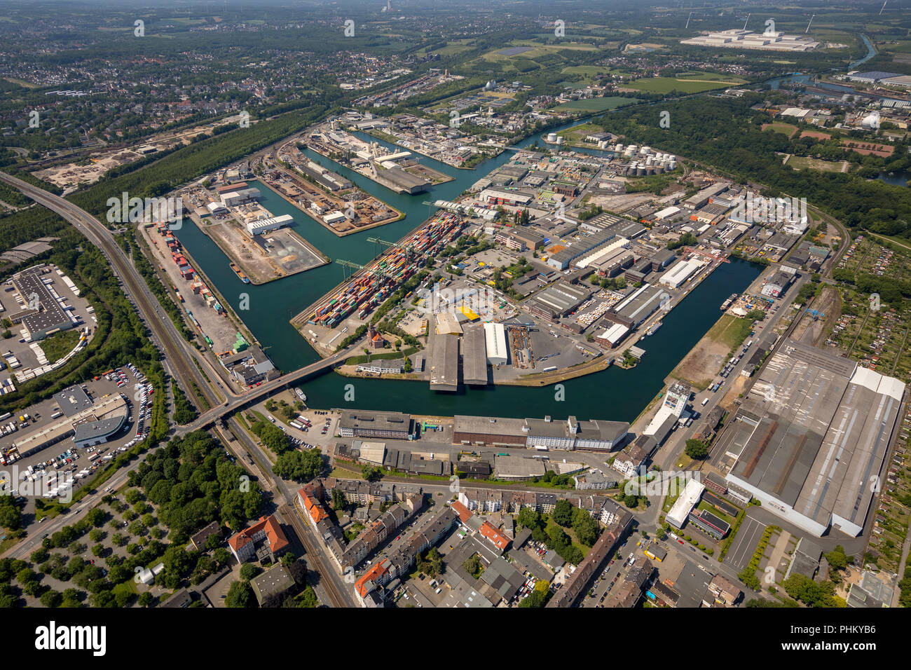Aerial photograph, inland port Dortmund, Dortmunder Hafen AG  Container Terminal Dortmund GmbH  Dortmunder Eisenbahn GmbH  DE Infrastruktur GmbH, Dort Stock Photo