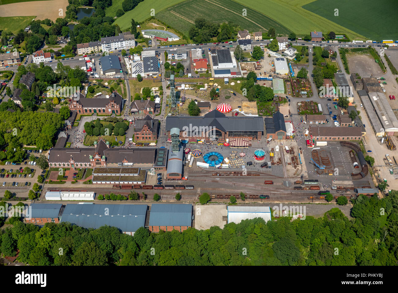 Aerial view, Historischer Jahrmarkt Zeche Zollern ,Festival on the grounds of Zeche Zollern, LWL-Industriemuseum - Westfälisches Landesmuseum für Indu Stock Photo