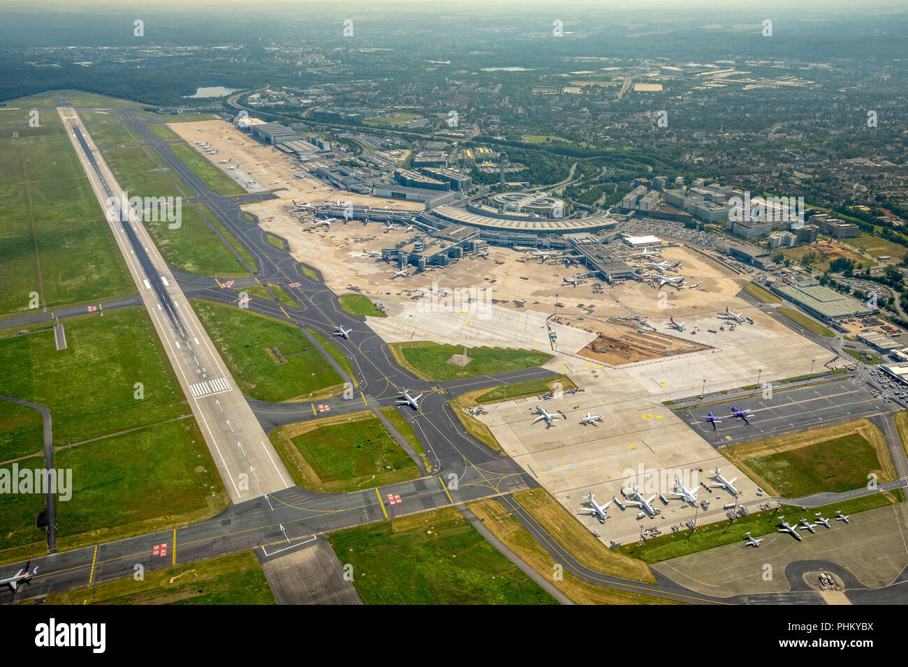 Aerial photo, Airport Düsseldorf with runway 05 right and 05 left, Düsseldorf, Lower Rhine, North Rhine-Westphalia, Germany, DEU, Europe, birds-eyes v Stock Photo