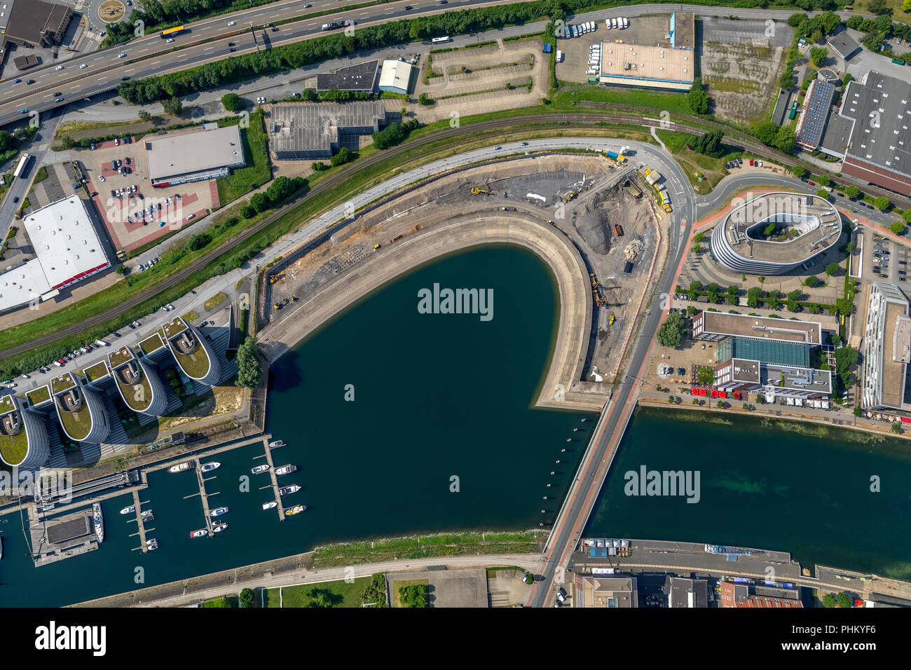 Aerial view, Am Innenhafen, Holzhafen,Schiffswendeplatz im Innenhafen between Marina and Portsmouth Damm, Techniker Krankenkasse (TK),HAVI Global Solu Stock Photo