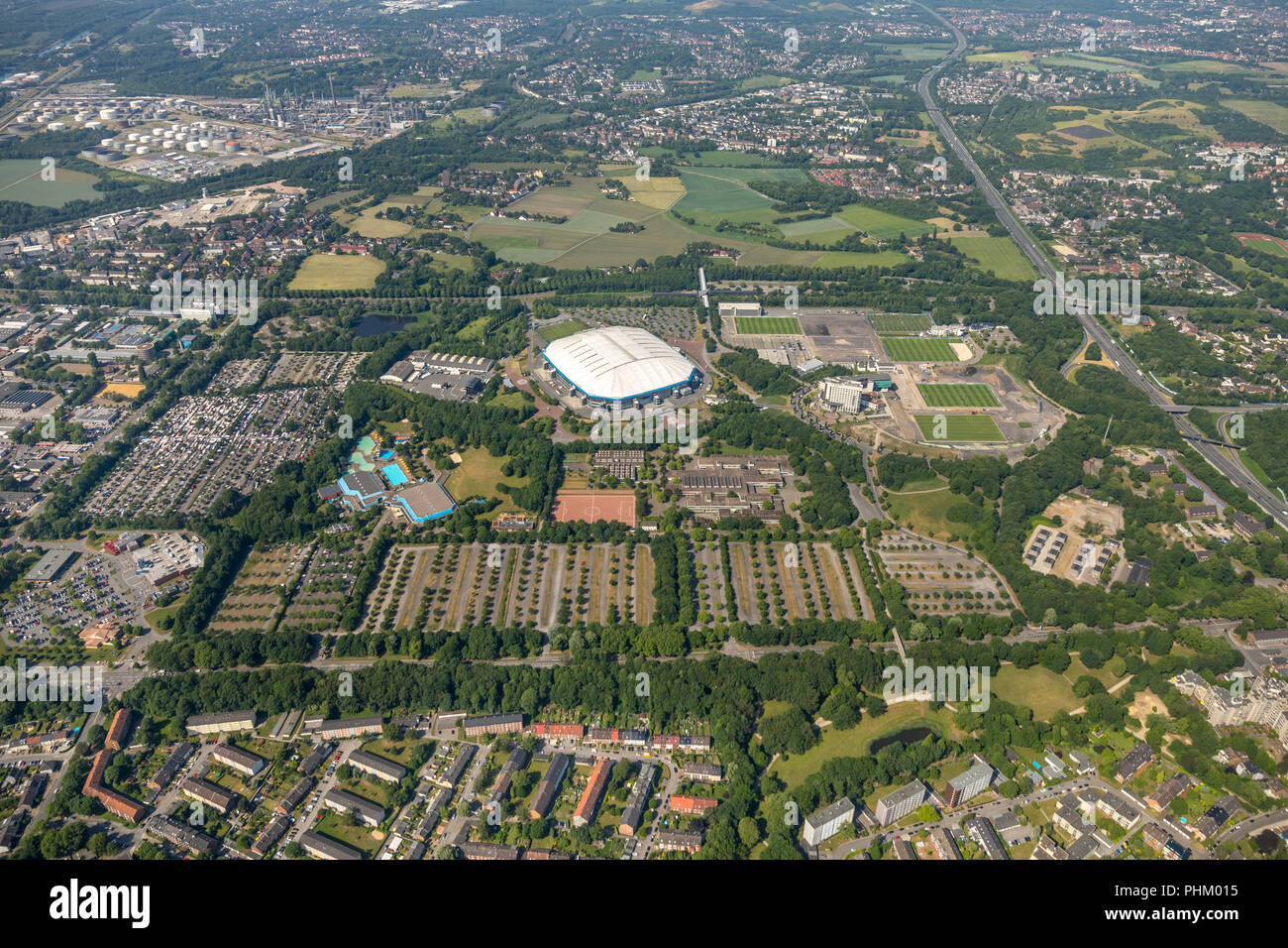 Aerial view, ARENA PARK Gelsenkirchen, Veltins-Arena, Arena AufSchalke in Gelsenkirchen is the soccer stadium of the German soccer club FC Schalke 04, Stock Photo