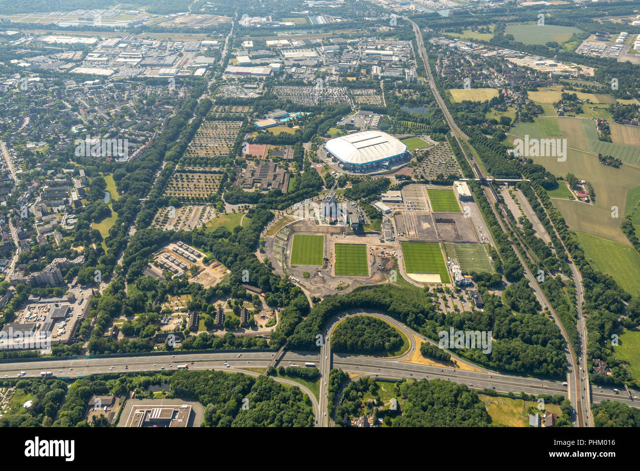 Aerial view, ARENA PARK Gelsenkirchen, Veltins-Arena, Arena AufSchalke in Gelsenkirchen is the soccer stadium of the German soccer club FC Schalke 04, Stock Photo