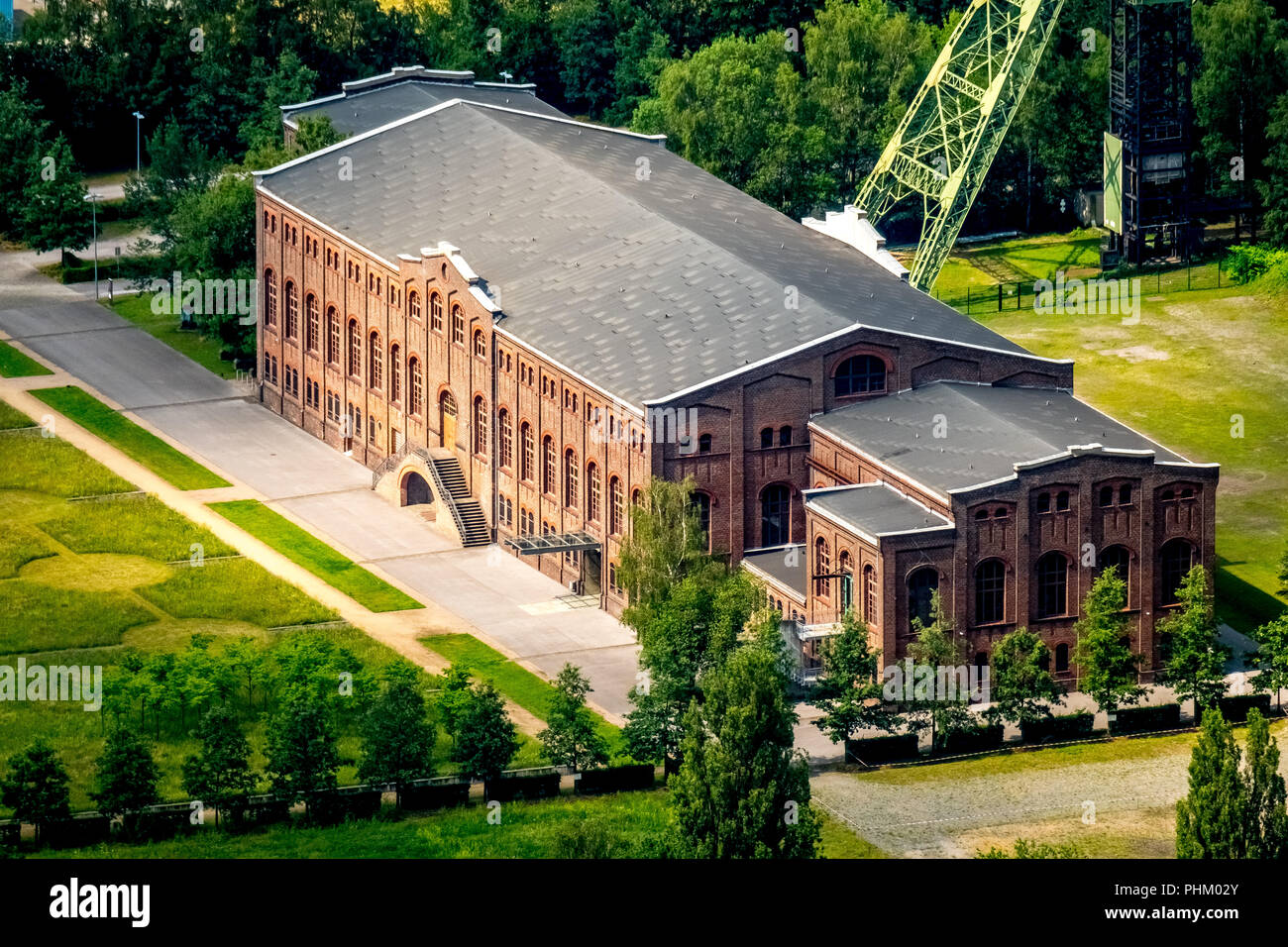 , Aerial view, historic machine hall Zweckel, venue, next to chemical factory Ineos Phenol ,winding tower shaft 1+2 mine Zweckel, Gladbeck, Ruhr area, Stock Photo