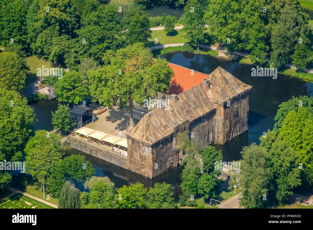 , Aerial view, Emschertal-Museum Schloss Strünkede, art action by Ghanaian artist Ibrahim Mahama, lining of Strünkede Castle with jute bags to mark th Stock Photo