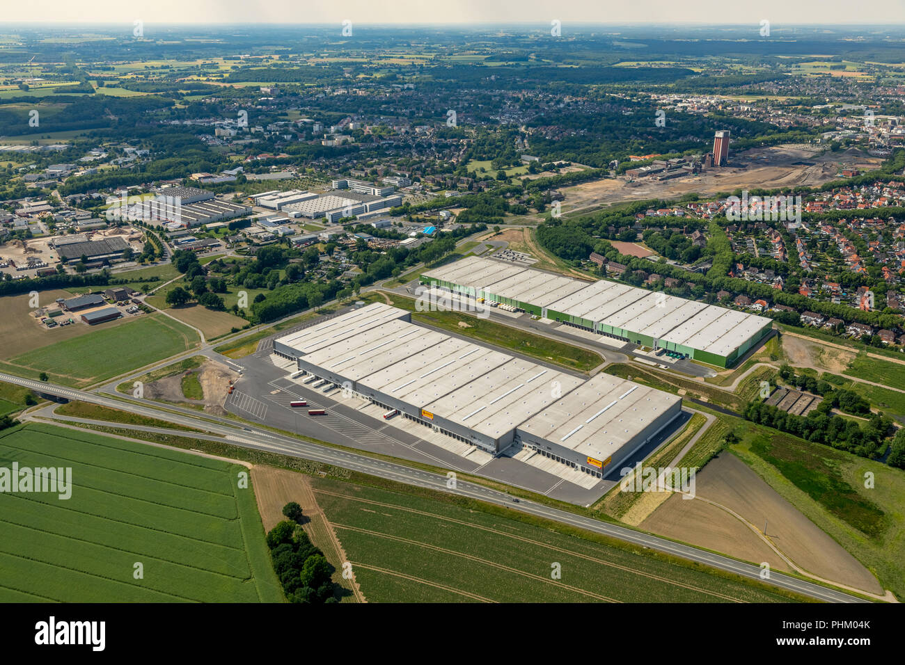 Aerial view, logistics location Logport 6 in Kamp-Lintfort, former coal storage site, belongs to Duisport - Duisburger Hafen, warehouses for truck han Stock Photo