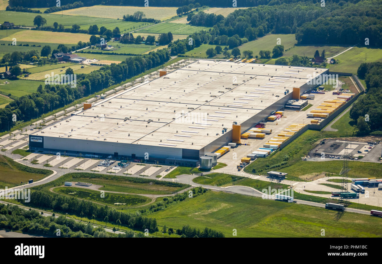 Aerial photo, AMAZON Logistikzentrum Werne, Internet dealer, Carl-Zeiss-Straße, Werne, Ruhrgebiet, North Rhine-Westphalia, Germany, DEU, Europe, birds Stock Photo