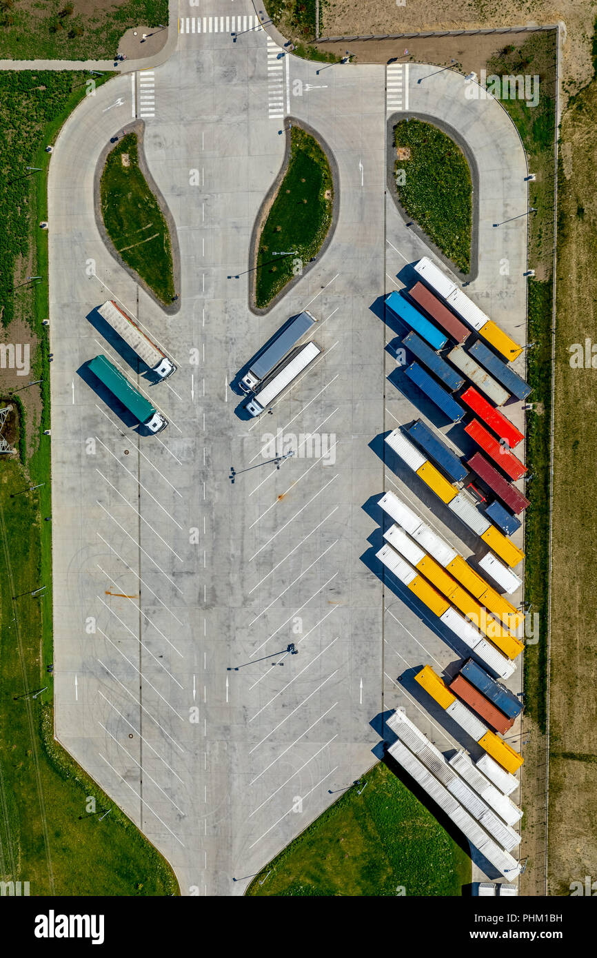 Aerial photo, AMAZON logistics centre Werne, truck parking lot, just-in-time delivery, Carl-Zeiss-Straße, Werne, Ruhrgebiet, North Rhine-Westphalia, G Stock Photo