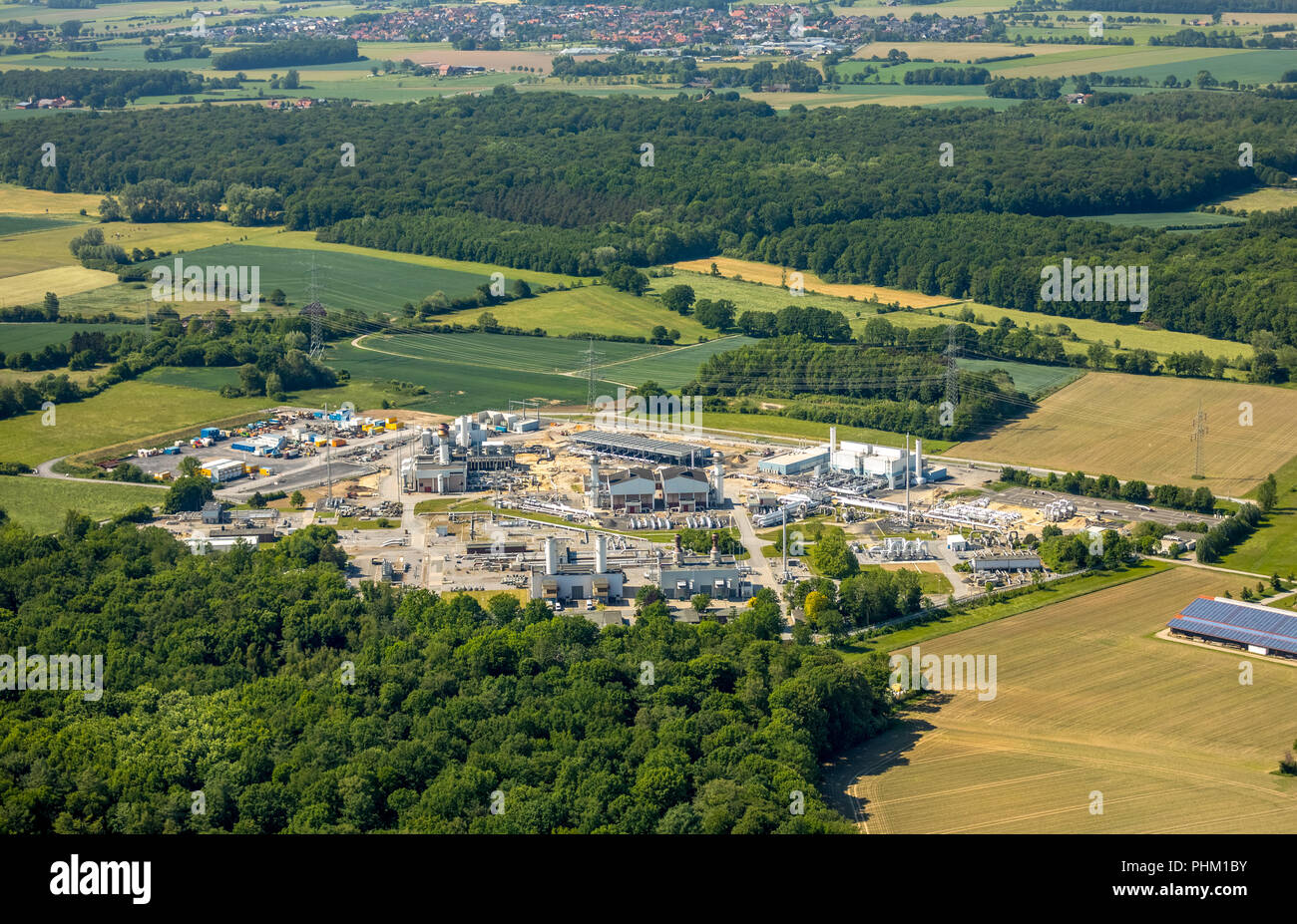 Aerial view, natural gas compressor station in Ehringhausen, Open Grid Europe, filters, cooler and systems for internal gas distribution, gas supply c Stock Photo
