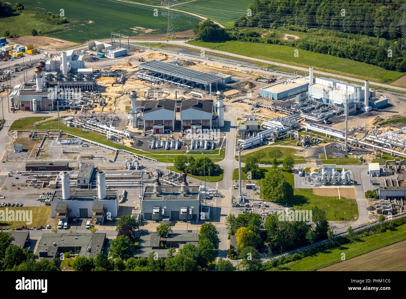 Aerial view, natural gas compressor station in Ehringhausen, Open Grid Europe, filters, cooler and systems for internal gas distribution, gas supply c Stock Photo