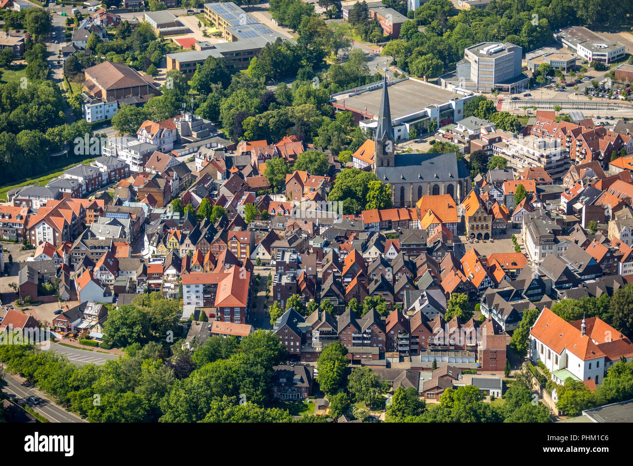 Aerial view, city centre of Werne, St. Christophorus church, market, cemetery, city, city centre, overview, Werne, Ruhr area, North Rhine-Westphalia,  Stock Photo