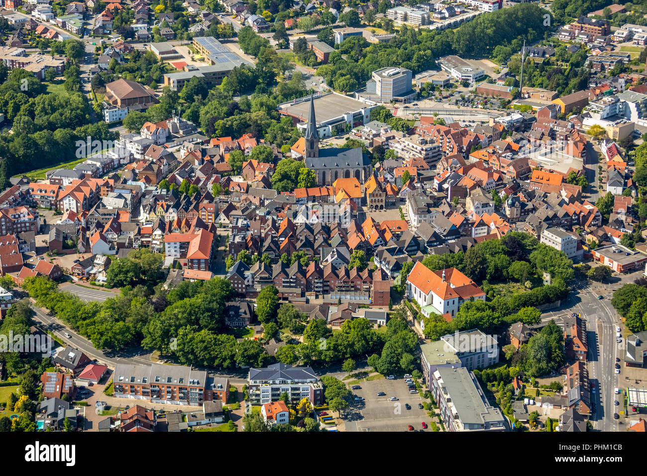 Aerial view, city centre of Werne, St. Christophorus church, market, cemetery, city, city centre, overview, Werne, Ruhr area, North Rhine-Westphalia,  Stock Photo