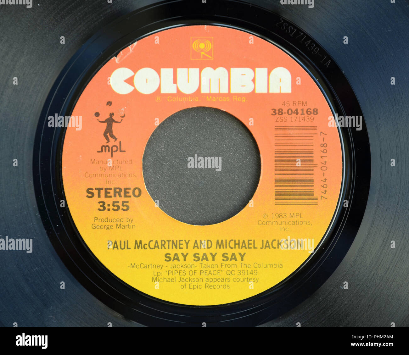 Close-up of the 45 RPM vinyl record of Paul McCartney and Michael Jackson's  song "Say Say Say" released in 1983 by Columbia Records Stock Photo - Alamy