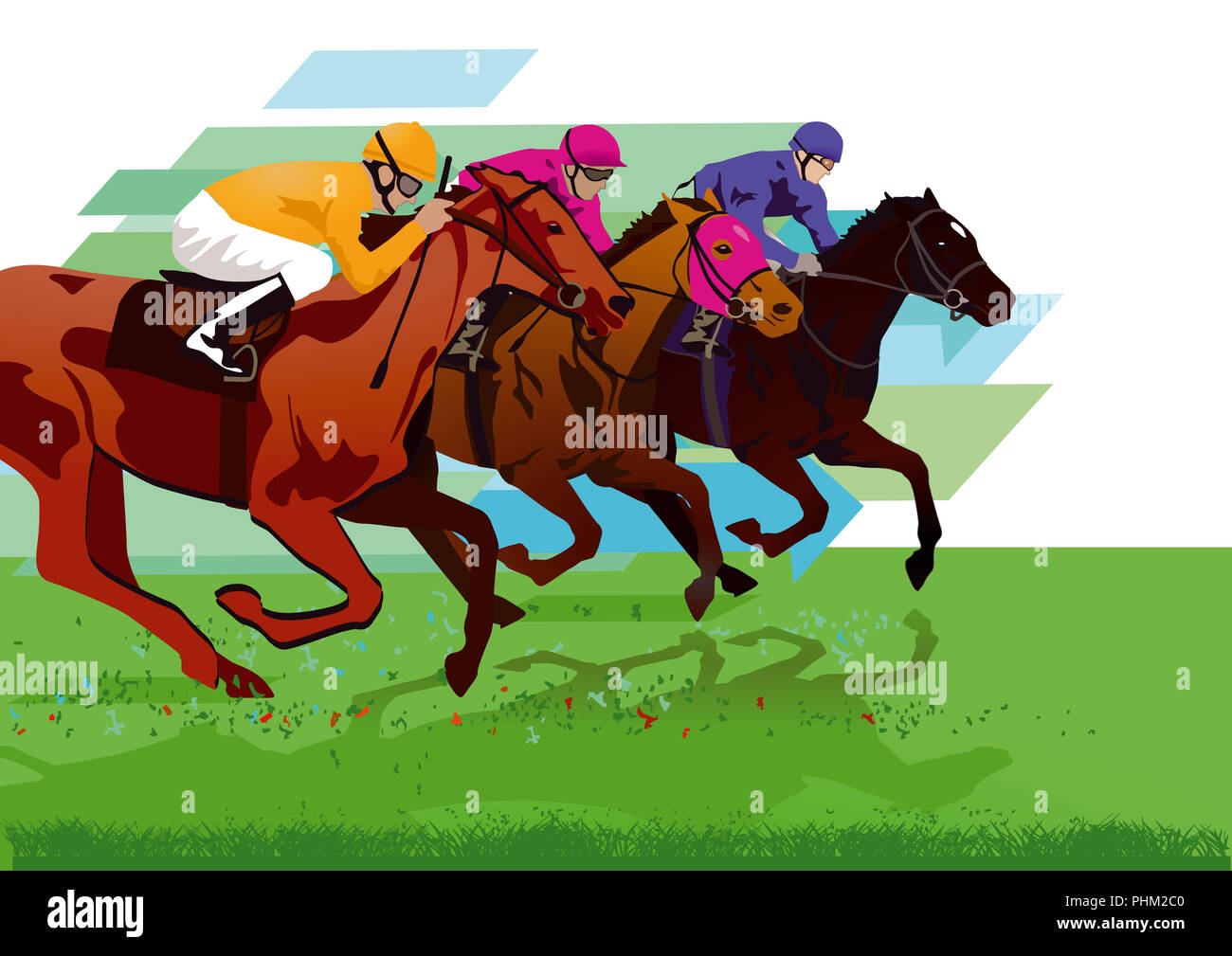 Jockeys with racehorses on the racetrack Stock Photo