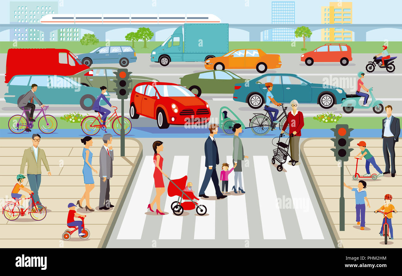 City with pedestrian crossing and road traffic, illustration Stock ...