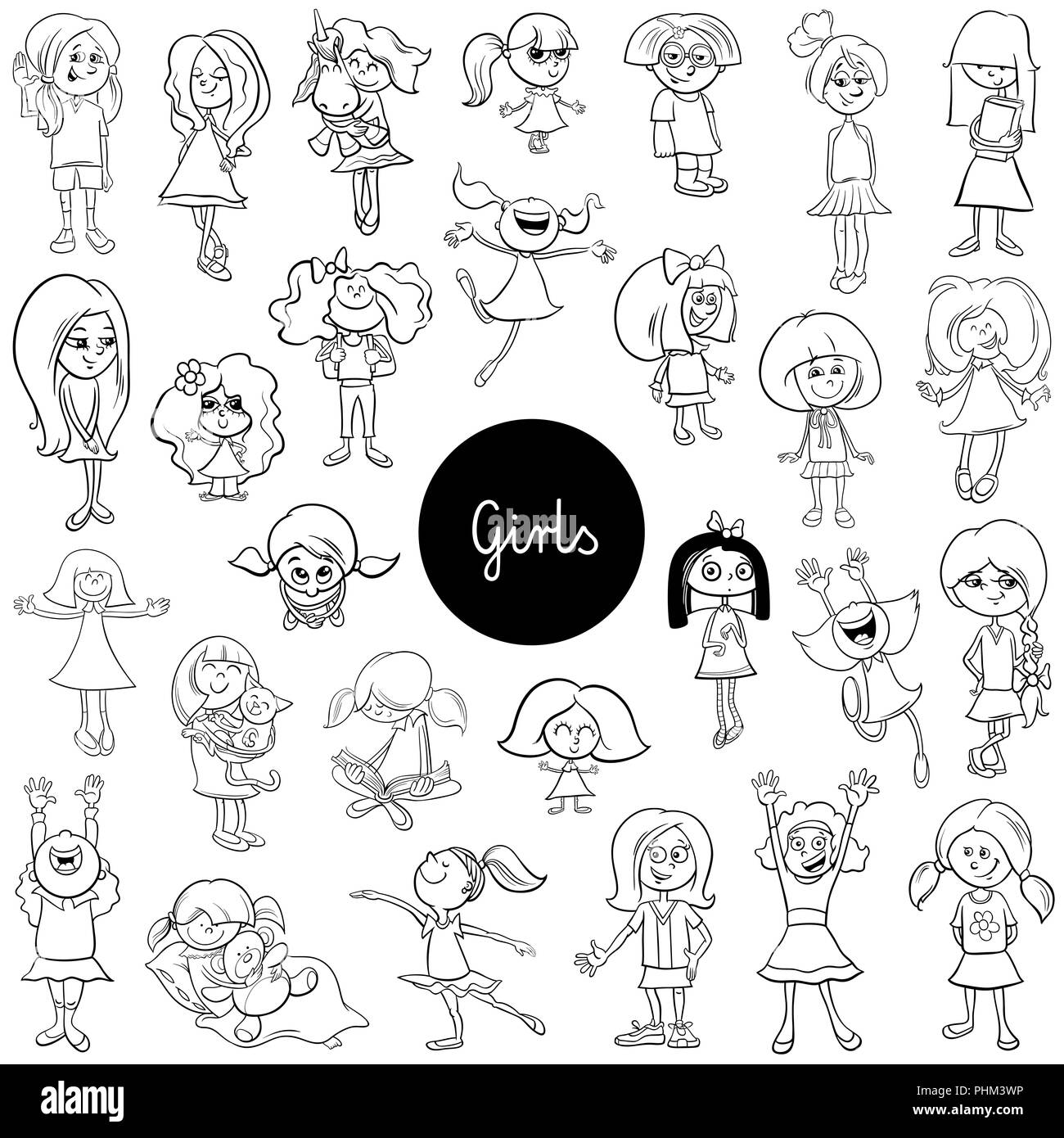Happy children characters group of Black and White Stock Photos ...