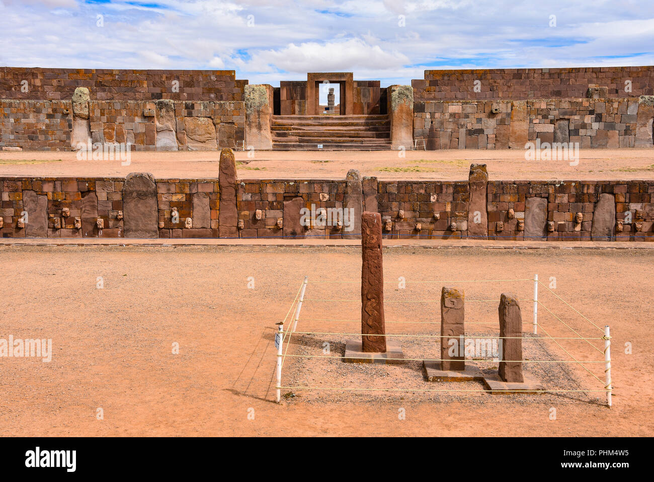 Semi-subterranean temple with the Ponce monolith visible in the Kalisasaya gateway. Tiwanaku archaeological site, La Paz, Bolivia Stock Photo