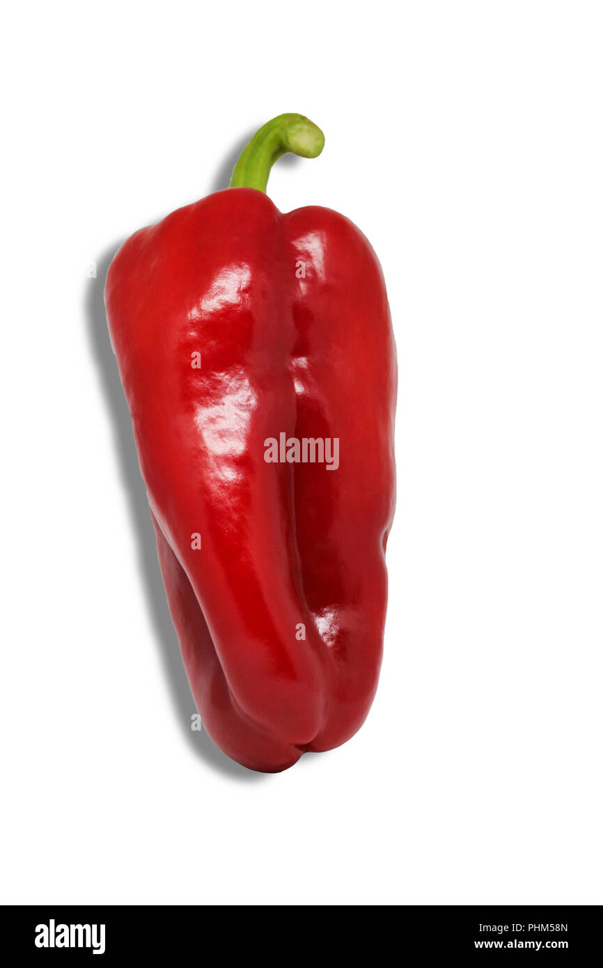 Red paprika isolated on white background. Beautiful sweet vegetable with green petiole Stock Photo