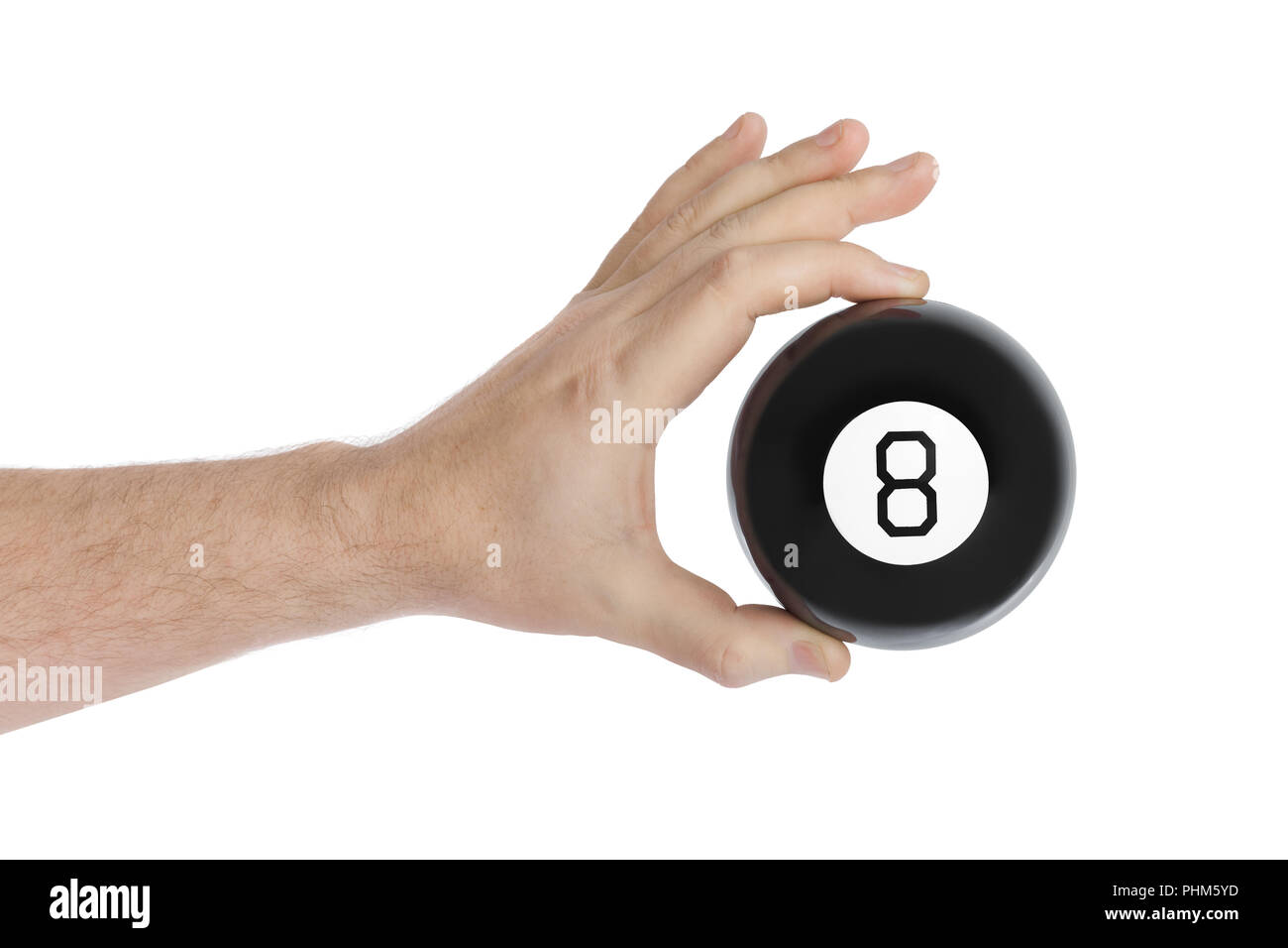 Hand with magic billiard ball number eight Stock Photo