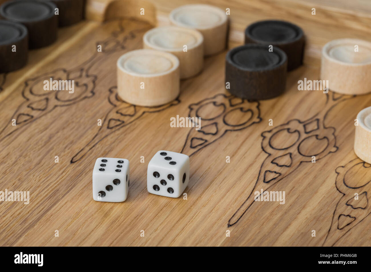 Backgammon playing field and dices Stock Photo