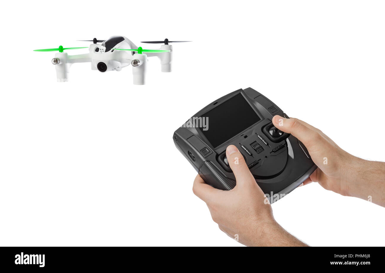 Drone and radio remote control in hands Stock Photo Alamy