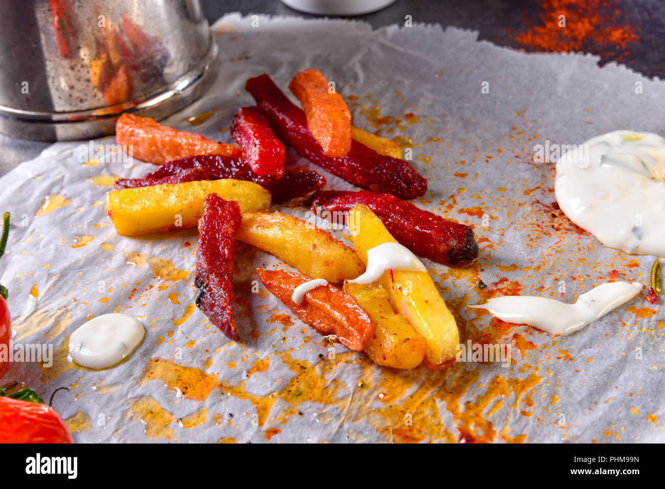 vegetable French fries with herb quark and tomatoes Stock Photo Alamy