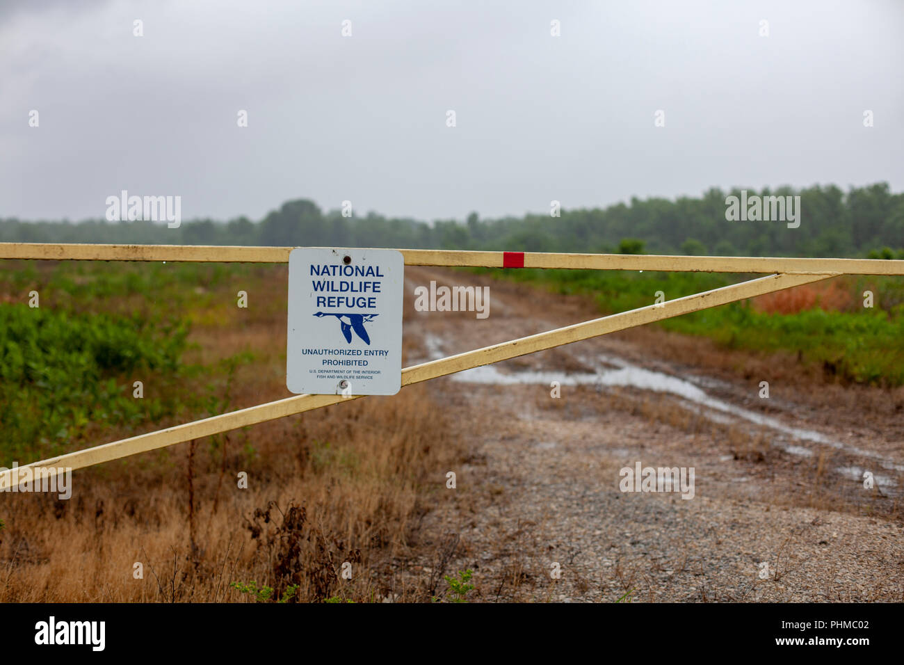 A sign at the Clarence Cannon National Wildlife Refuge Area in Pike County, Missouri. Stock Photo