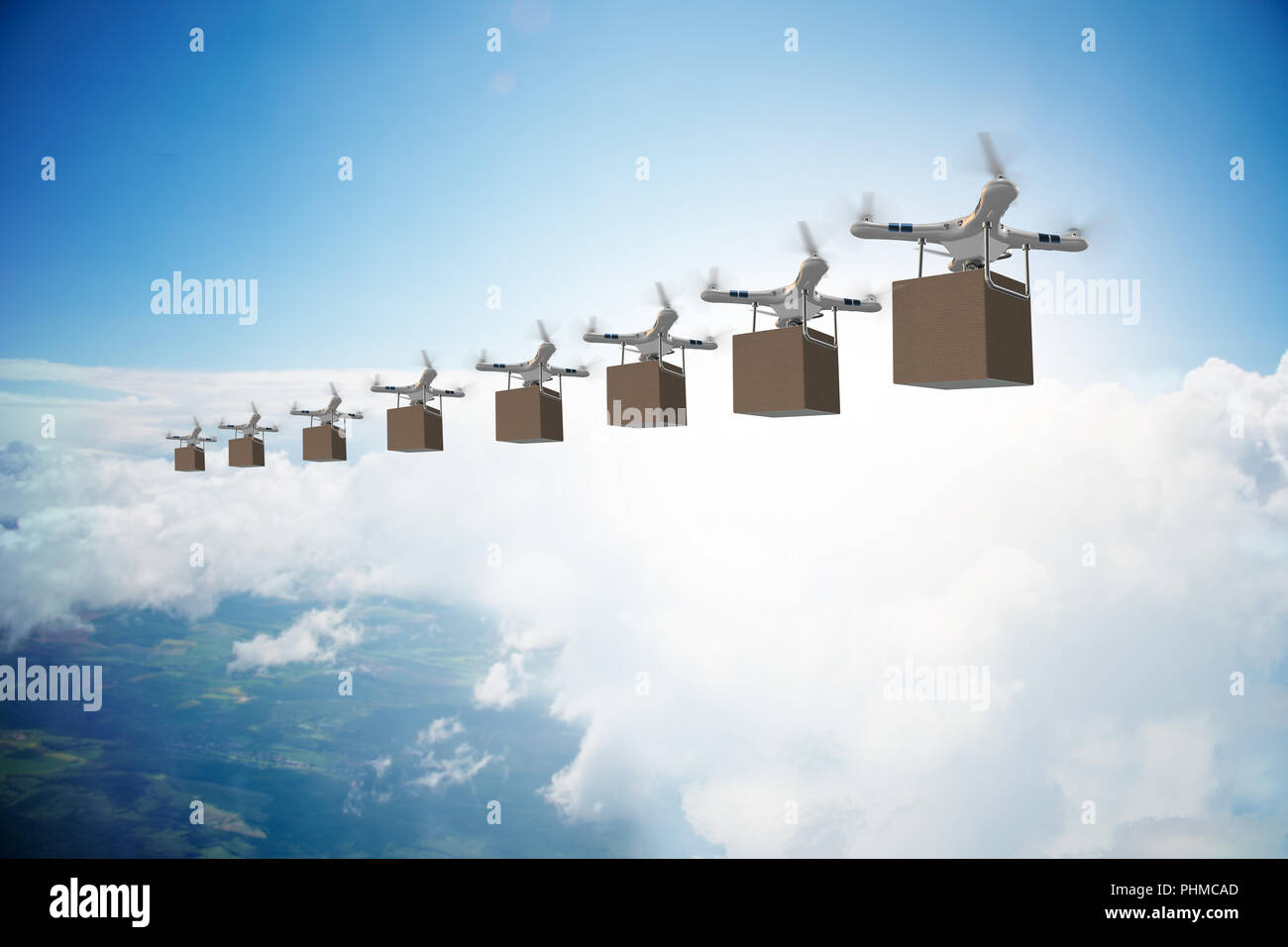 Drones in package delivery concept - 3d rendering Stock Photo - Alamy