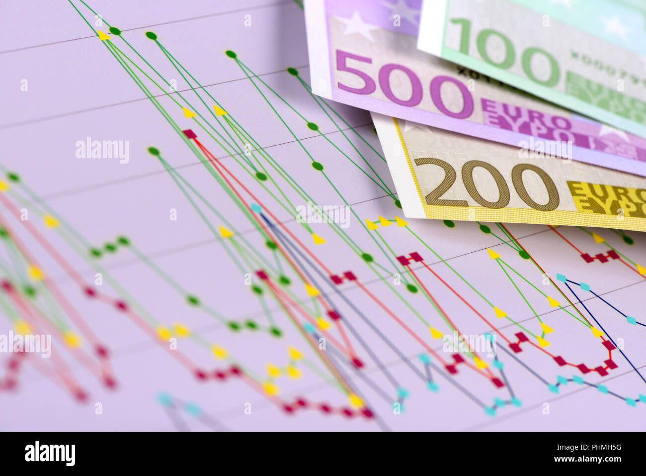 banknotes of European currency laying on chart of stock market Stock Photo