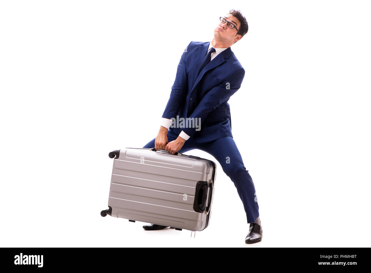 Businessman facing excess charges due to heavy suitcase Stock Photo Alamy
