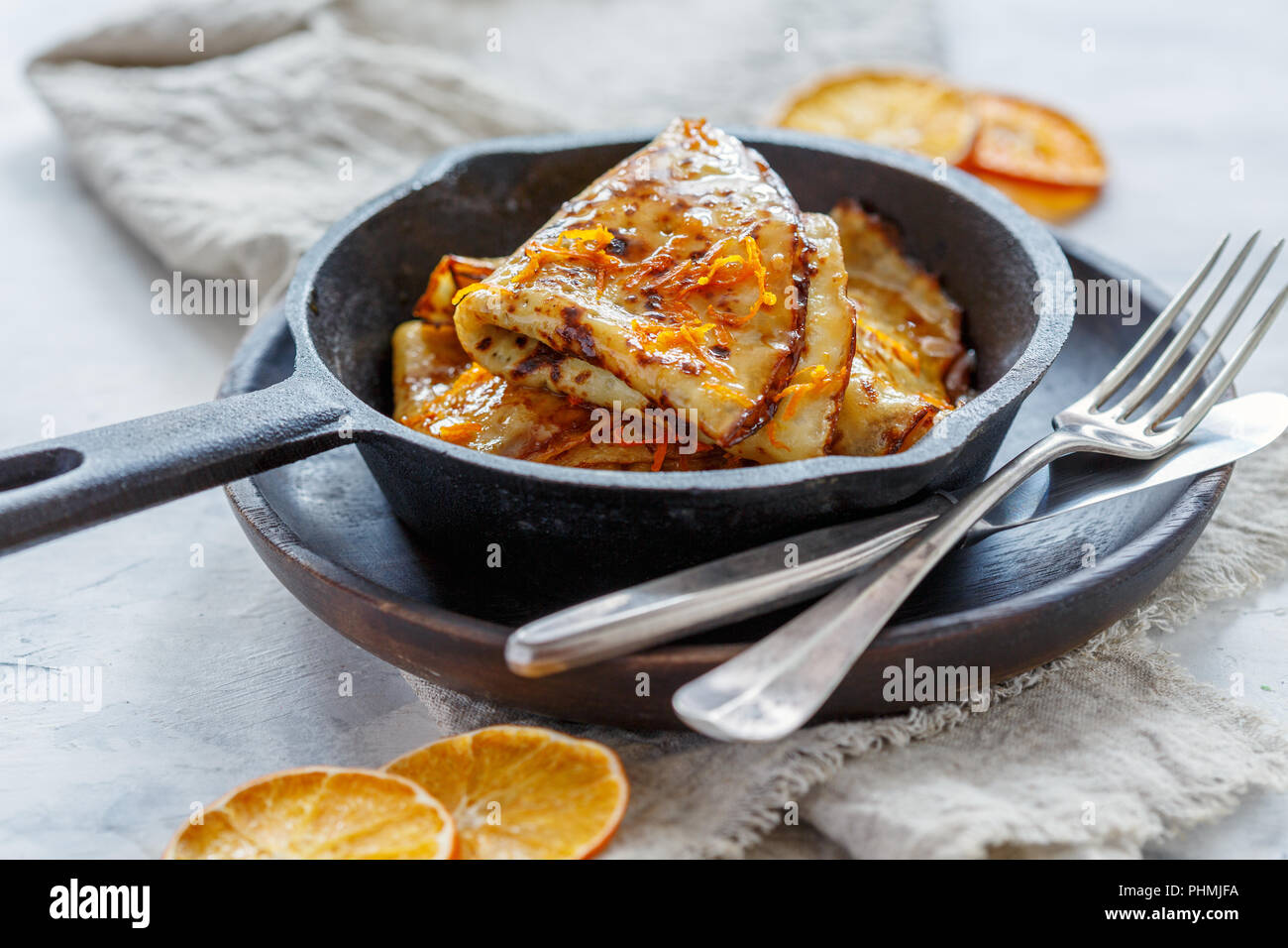 Crepe Suzette with orange sauce. Stock Photo